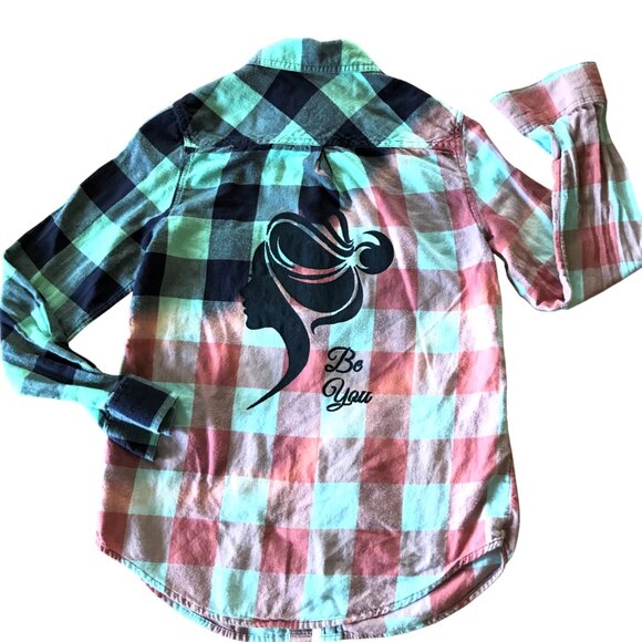 Bleached Flannel Shirt, Size Small: Upcycled Hand Painted Ombre Plaid Top - Picture 6 of 9
